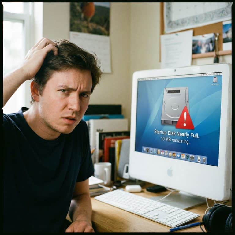 컴퓨터 화면에 가득 찬 하드 드라이브 아이콘과 빨간 경고 표시가 보이며, 이를 당황한 표정으로 바라보는 사용자가 있습니다.