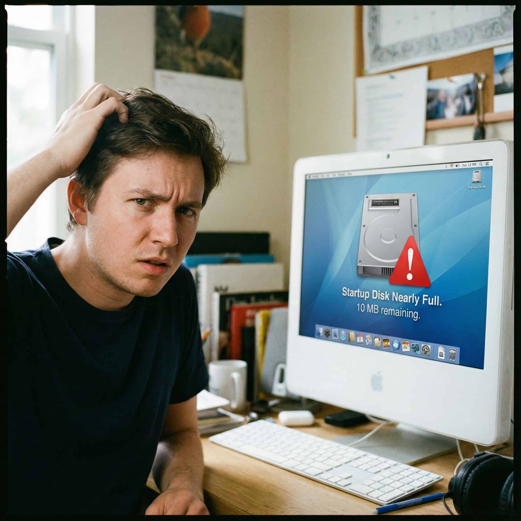컴퓨터 화면에 가득 찬 하드 드라이브 아이콘과 빨간 경고 표시가 보이며, 이를 당황한 표정으로 바라보는 사용자가 있습니다.