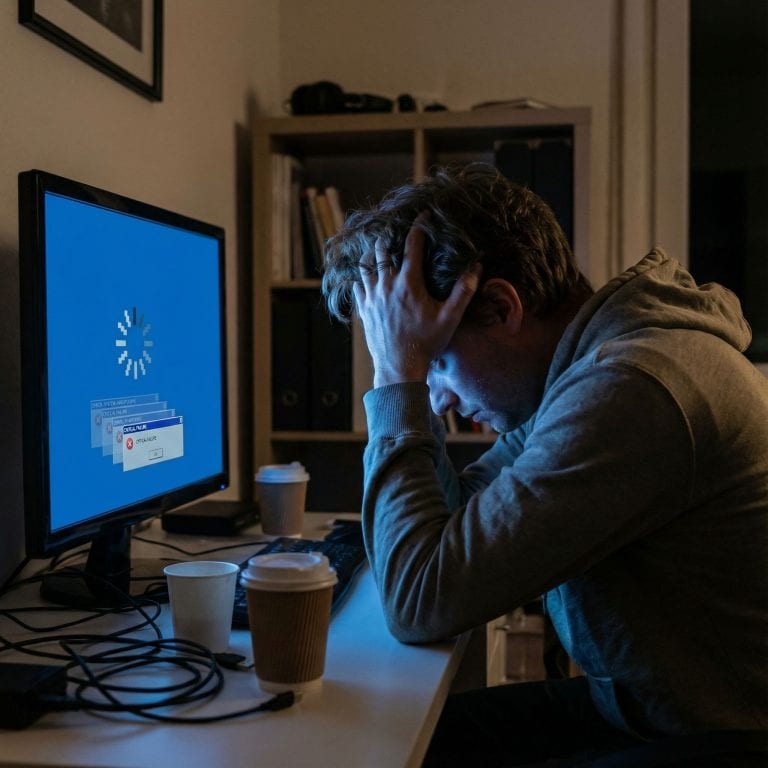 어두운 방에서 멈춘 로딩 아이콘과 에러 메시지가 희미하게 빛나는 얼어붙은 컴퓨터 화면을 짜증 내며 바라보는 사람의 모습이다.