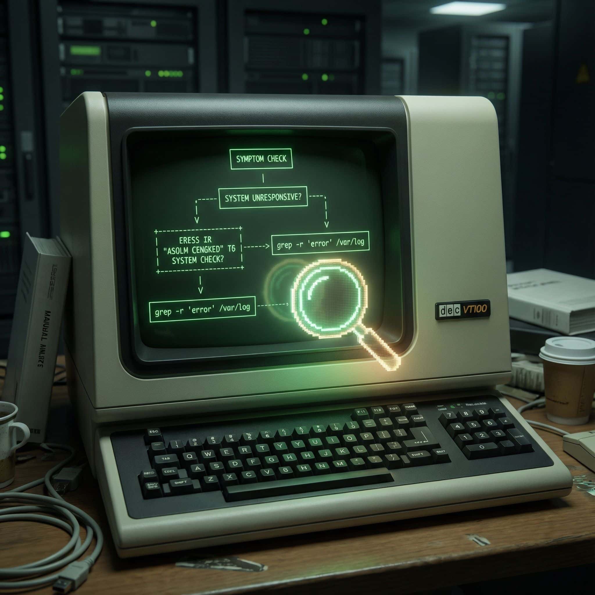 검은색 배경의 컴퓨터 화면에 증상 확인 순서도를 나타내는 흐름도가 표시되어 있고, 그 위로 빛나는 돋보기