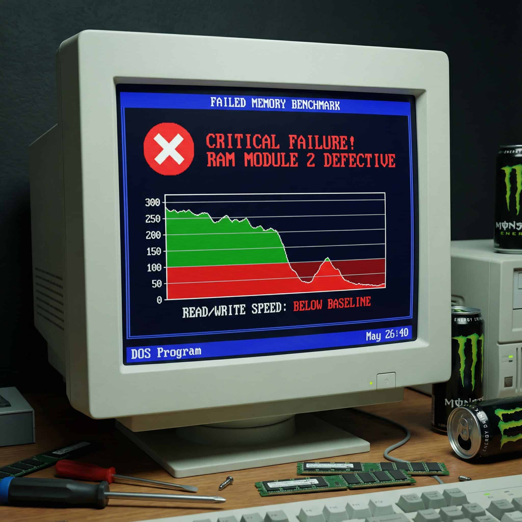 검은 화면에 빨간색 오류 아이콘과 함께 낮은 성능을 나타내는 하락 곡선의 그래프가 표시된 모습이다.