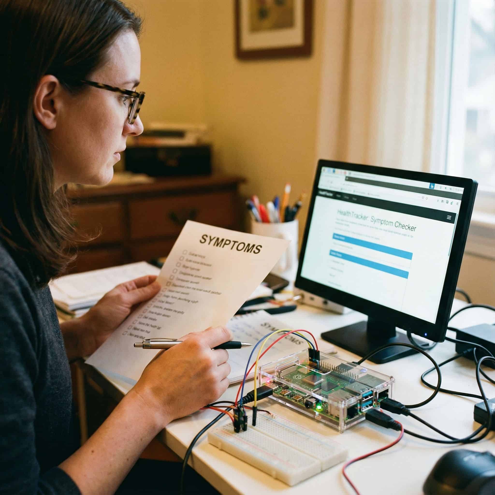 빛나는 라즈베리 파이 컴퓨터와 그 화면의 웹사이트 옆에 증상 목록을 확인하는 사람의 모습이다.